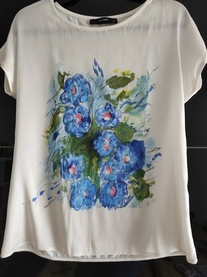 Seidenshirt, Gr. S, handbemaltes Unikat Blaue Blüten Hallhuber 