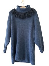 Something Navy Blue Wool Blend Fringe Turtle Neck Tunic Sweater Dress Size M