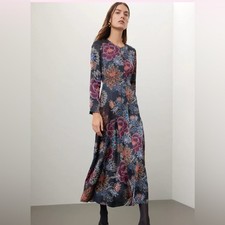 FARM Rio Blue Floral Maxi Dress Long Sleeve Zip Front Satin A-Line Sz M