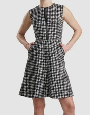 Natori Womens' Black White Japanese Check Tweed Faux-Leather-Trim Dress Size 12
