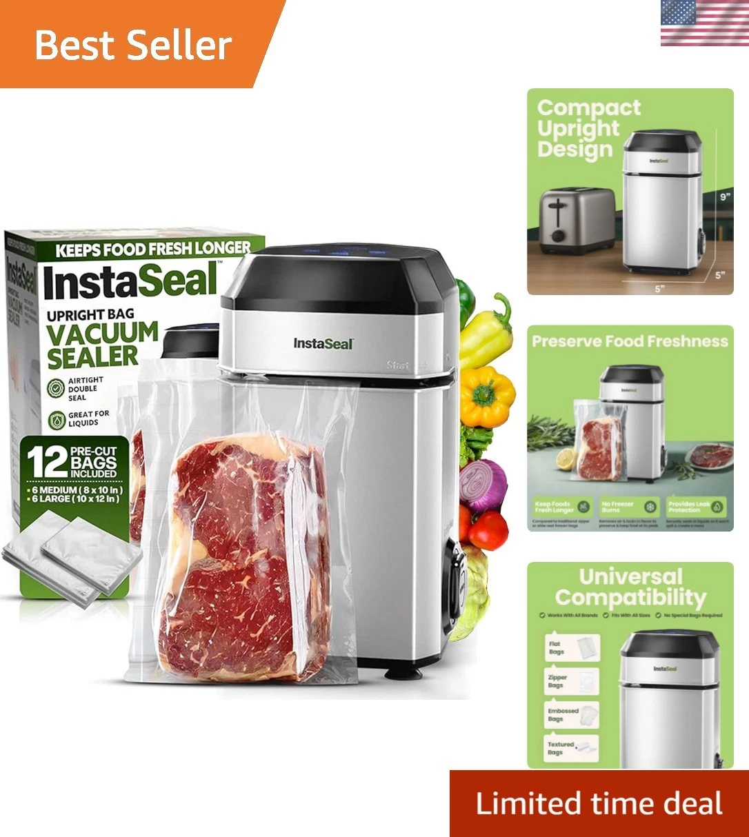 Vacuum Sealer for Food with 12 Bags, Preserves Foods 5x Longer, Space Saving ...