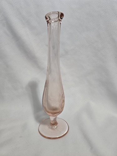 Vintage Pink Depression Swung Art Glass Floral Etched & Footed Bud Vase