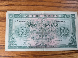 1943 Belgian 10 Francs banknote #A900277