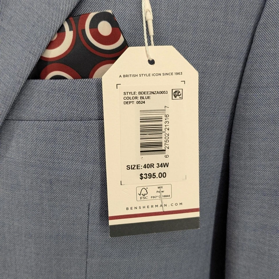 Ben Sherman Men's Slim Fit Stretch 2 Piece Suit Jacket 40 R Pants 34x32 Blue - image 4 of 4