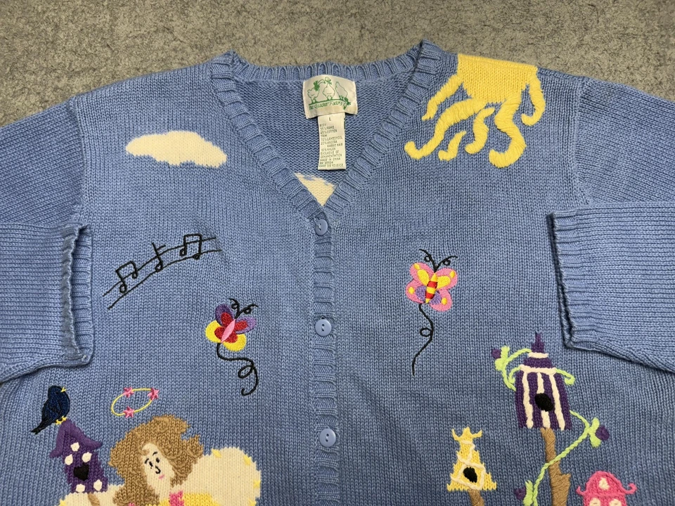 Quacker Factory Sweater Womens Large Blue Angel Birdhouse Cardigan Whimsical - Image 4 of 4