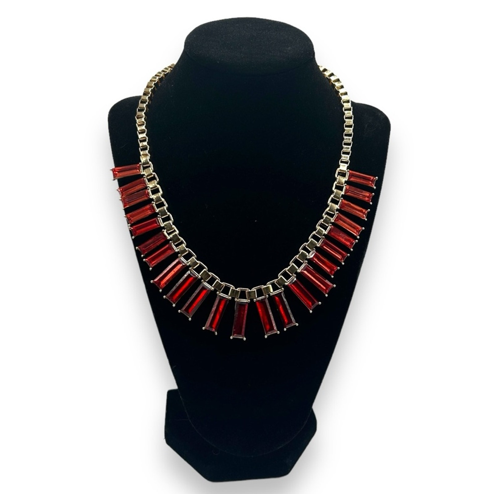 NEW Red Statement Necklace Rectangular Crystal Go… - image 3