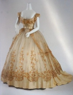 Victorian Era Inspired Ball Gown with Gold Floral Embroidery and Off Shoulder