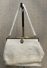 Vintage Ivory Glass Beaded Purse Handbag Gold Filligree Rhinestone Closure