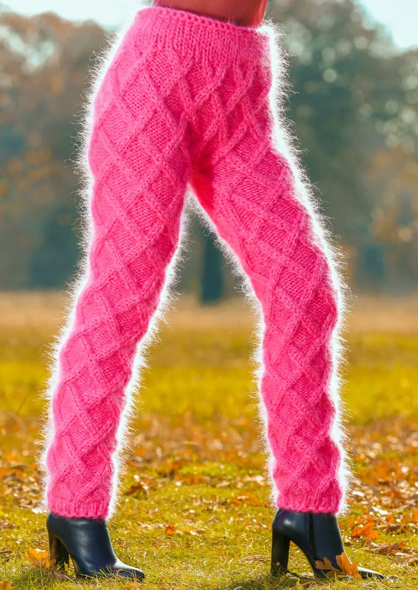 Pink cable mohair pants thick fuzzy hand knit trousers leggings SUPERTANYA  SALE