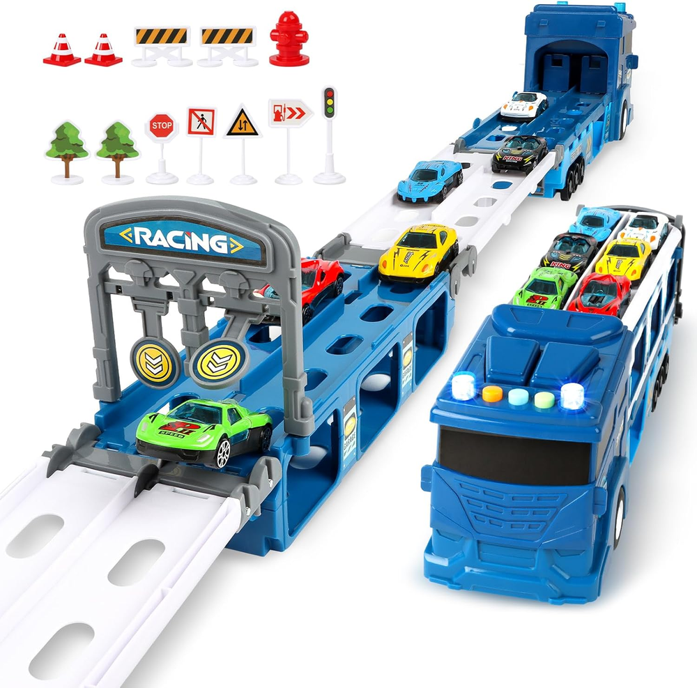 Carrier Truck Race Car Track Set for Toddlers Toys, 4 FT Race Track and 6 Die...