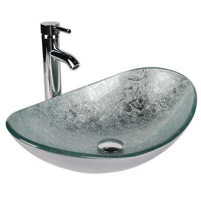 Bathroom Sink Vessel Oval Counter Glass Basin Bowl Chrome Faucet Drain Set