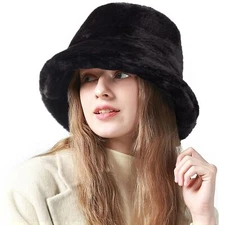 Faux Fur Bucket Hat Winter Fluffy Cap Fuzzy Warm Hat for Women Men A Black