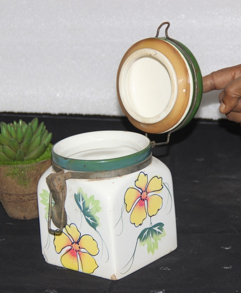 Antiguo Multicolor Bote Cerámica Galletas/Encurtidos Floral Mano Pintado Viejo