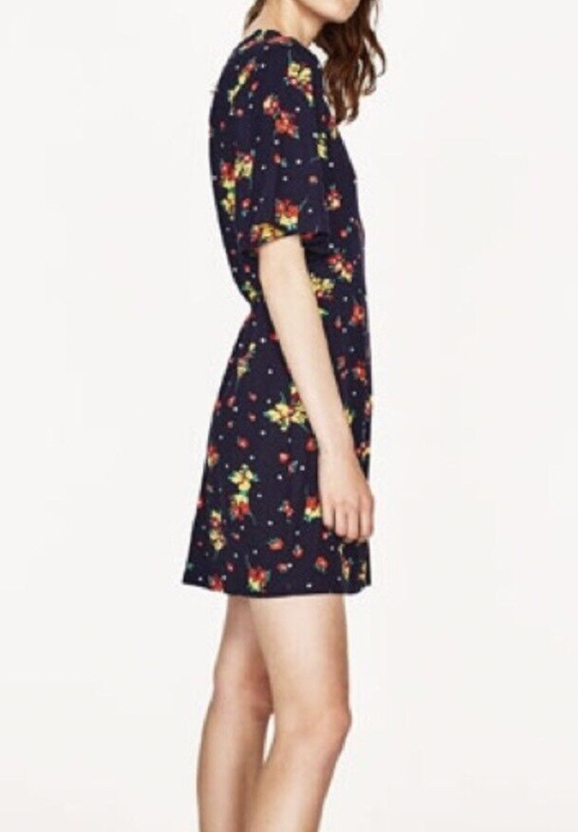 ZARA Navy Blue Floral Print Wrap Mini Dress Women's Size Large | eBay