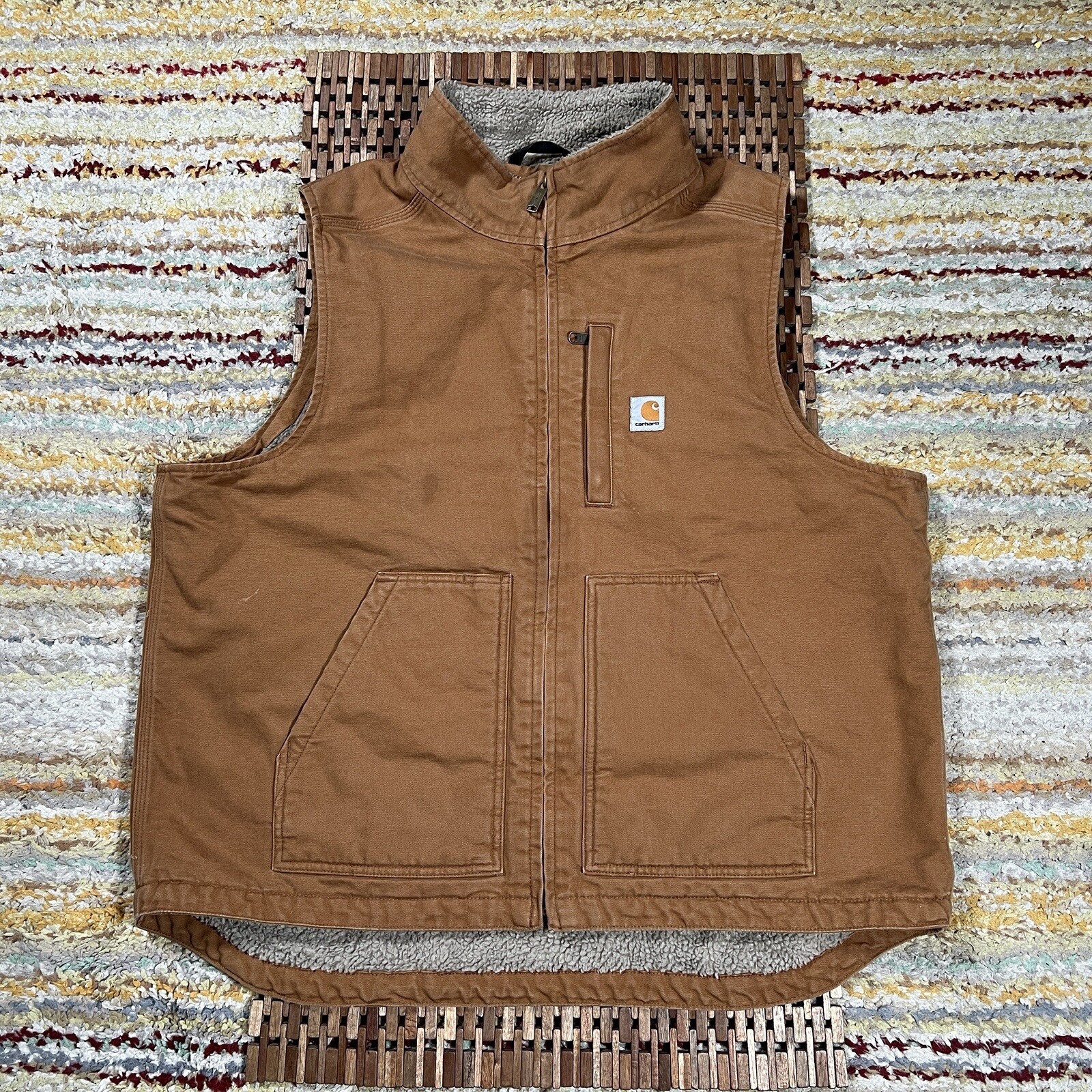 Carhartt Quilt Lined Duck Canvas Vest Full Zip Khaki Tan Men’s Size XL