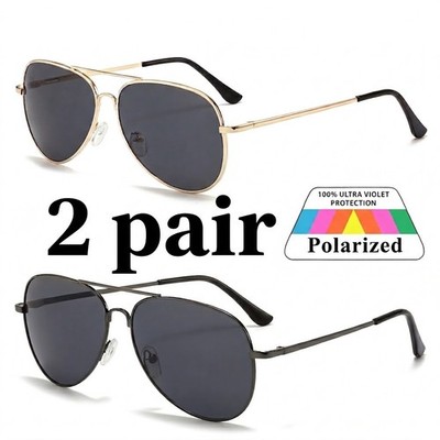 2 Pair Polarized Sunglasses Aviator Metal Frame Double Bridge Pilot Style UV400