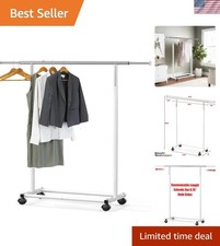 Compact White Garment Rack With Adjustable Bar For Coats And Seasonal Clothing