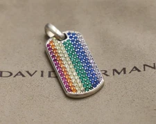 David Yurman Sterling Silver 35mm Chevron Dog Tag with Rainbow Sapphires Amulet