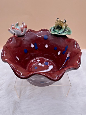 Signed Artisan Crafted Pottery Bowl with Frog and Lily Pad Detail