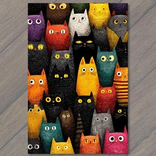STICKER Colorful Cat Crowd Big Eyes Whimsical Felines Cute Spooky Night