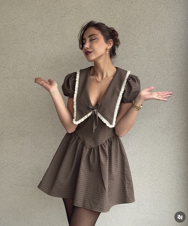 ZARA NWT WOMAN SS25 PLAID PETER PAN MINI COLLAR DRESS KHAKI | 9168