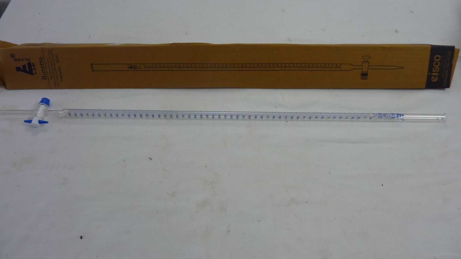 EISCO 50m Glass Burette Class B 0.10mL Grad PTFE Stopcock Lab Glassware CH0240G