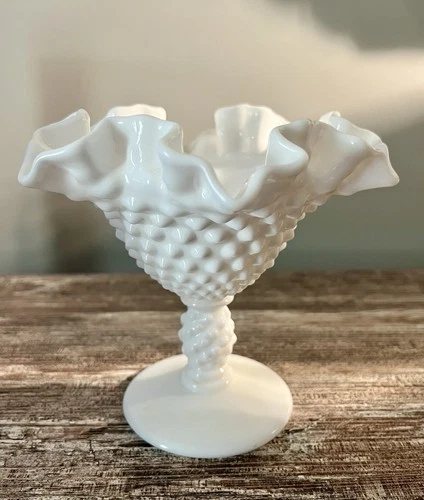 Vintage White Milk Glass Hobnail Ruffled Compote Pedestal Bowl Candy Dish