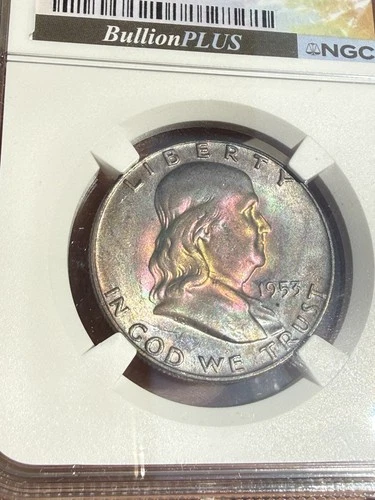 1953-D Franklin Half Dollar NGC MS65 FBL – BullionPLUS Eye Candy Rainbow Toning