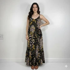 Tribal Jeans Floral Maxi Dress M Boho Black Yellow Pink Summer Sundress Rayon
