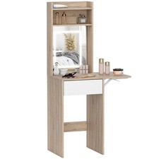 HOMCOM Compact Dressing Table with Lighted Mirror Open Shelves Natural Wood