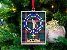 Young Clan Crest Ornament: Scottish, Tartan Background, Christmas Decoration