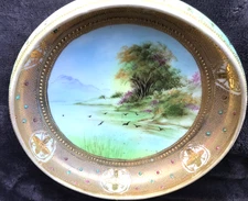 Antique C1891 Nippon Noritake Maple Leaf Gold Gilding Moriage Scene Footed Bowl