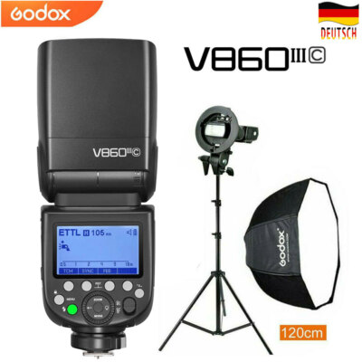 Godox V860IIIC TTL HSS Blitz mit Akku für Canon + Blitzhalter + Softbox + Stativ