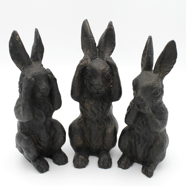 3 Metal Rabbit Figures - Hear No Evil, See No Evil, Speak No Evil - Great Detail
