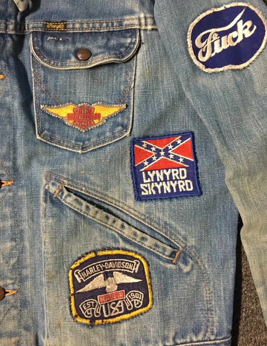 Vtg 70s Denim Patches Distress Jacket S Harley Jimi Hendrix Deep
