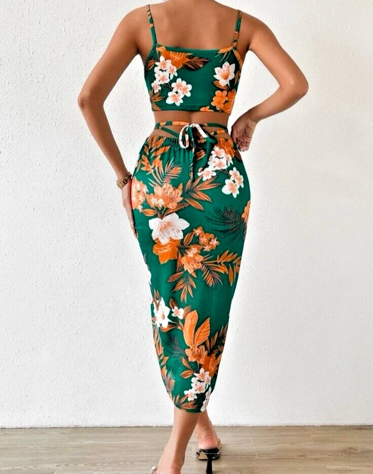 Conjunto de dos piezas para mujer - estampado floral de playa tropical, top y falda, talla mediana Foto 3 de 4