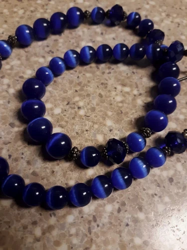 Vintage Deep Blue Tigers Eye & Faceted Beaded Necklace 18.5 Inches