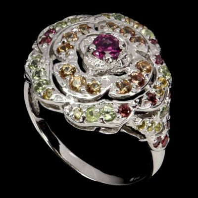 925 Sterling Silver Ring Round Rhodolite Sapphire Natural Gemstone Jewelry Size