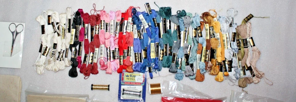 Lot Of Embroidery DMC floss/metallic Threads, Hoops, Scissors, Aida Canvas pcs+ - Image 3 of 4