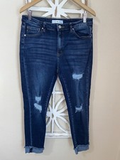 KANCAN PAYTON HIGH RISE CUFF SKINNY JEANS size 13/30 DARK WASH DISTRESSED J82
