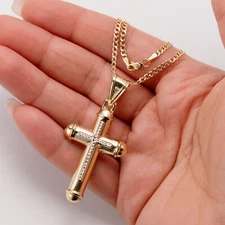 14K Gold 2 1/4" Reversible Tube Cross Pendant Necklace Yellow White Gold