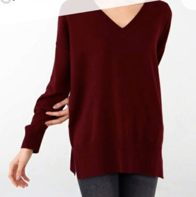 REVIVE Womens Size M Oversized V Neck Cashmere Sweater-Maroon-NEW