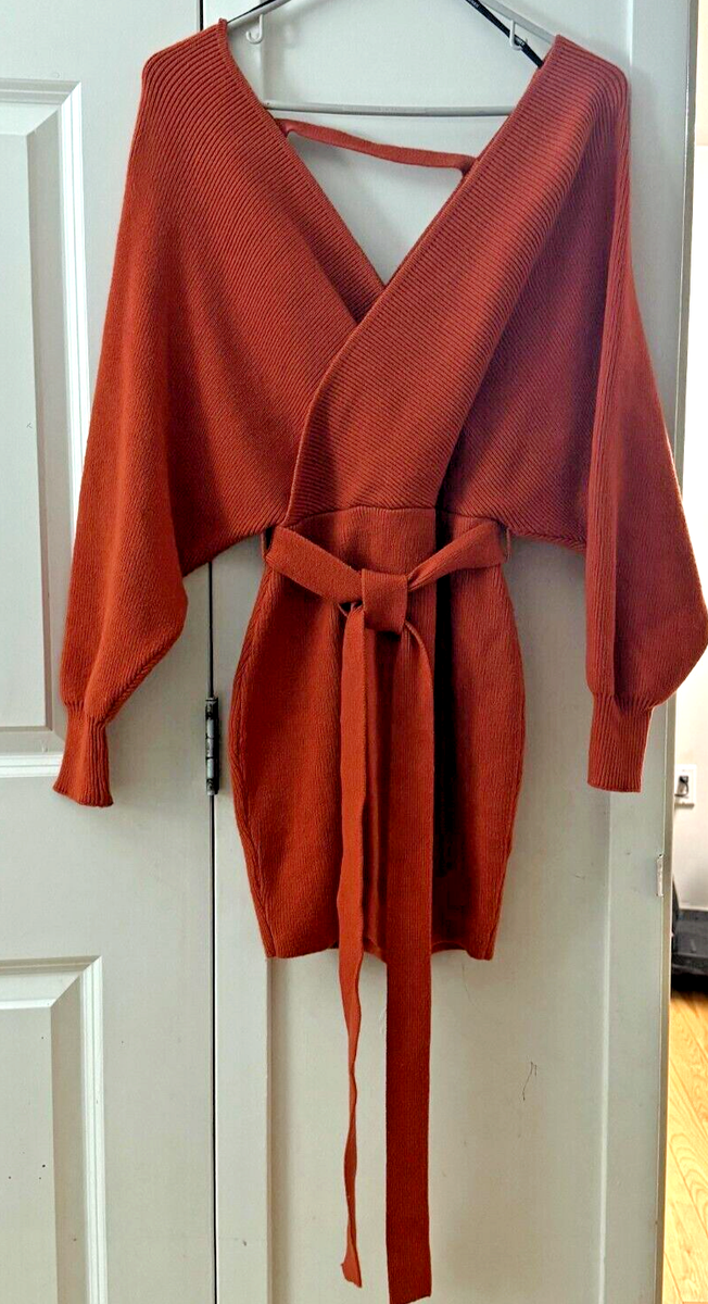 forever 21 knit dress Women's Sweater Long Sleeves Brick Short Mini Size L レースロングスリーブウェディングドレス