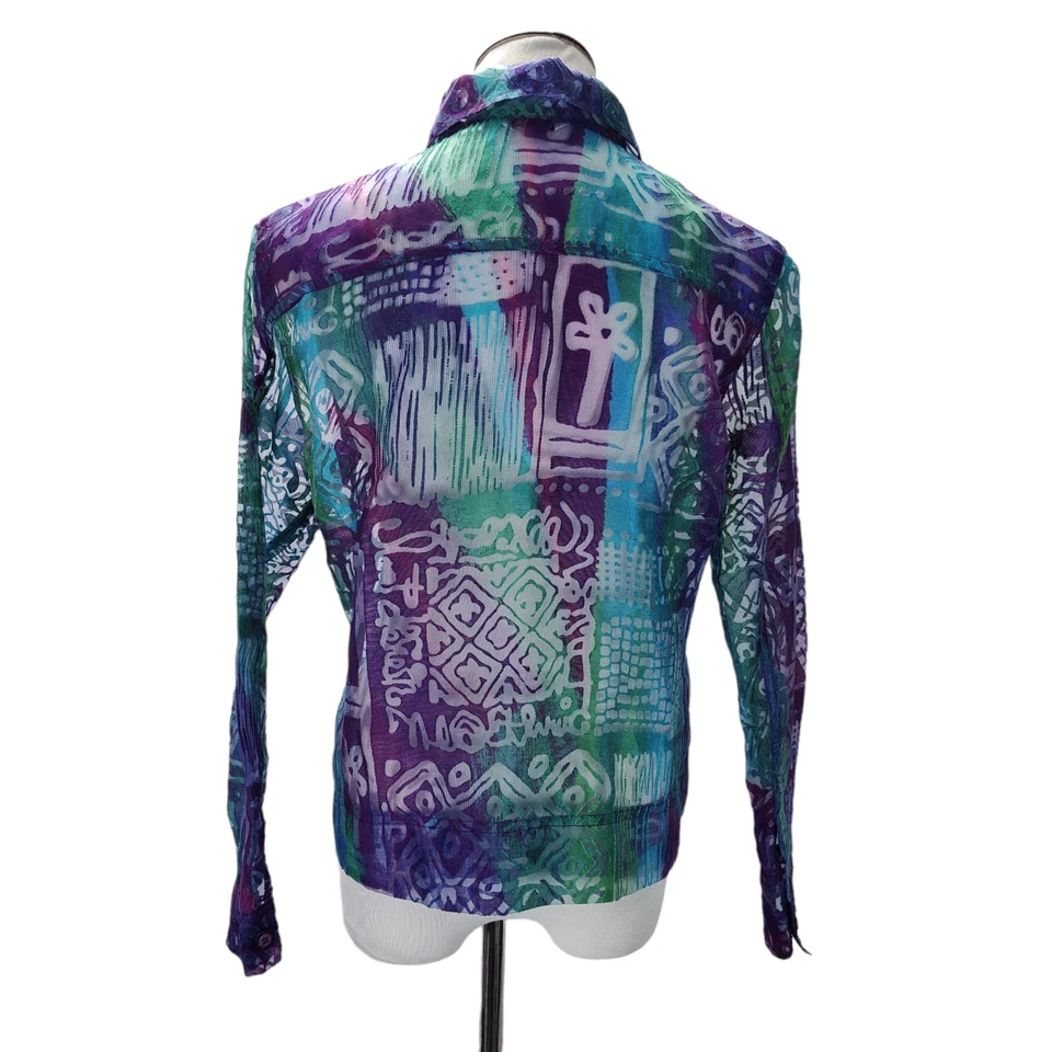 Años 90 Erin London Puro Burnout Abotonado Talla S/M Estampado Tribal Tono Joya Foto 3 de 4