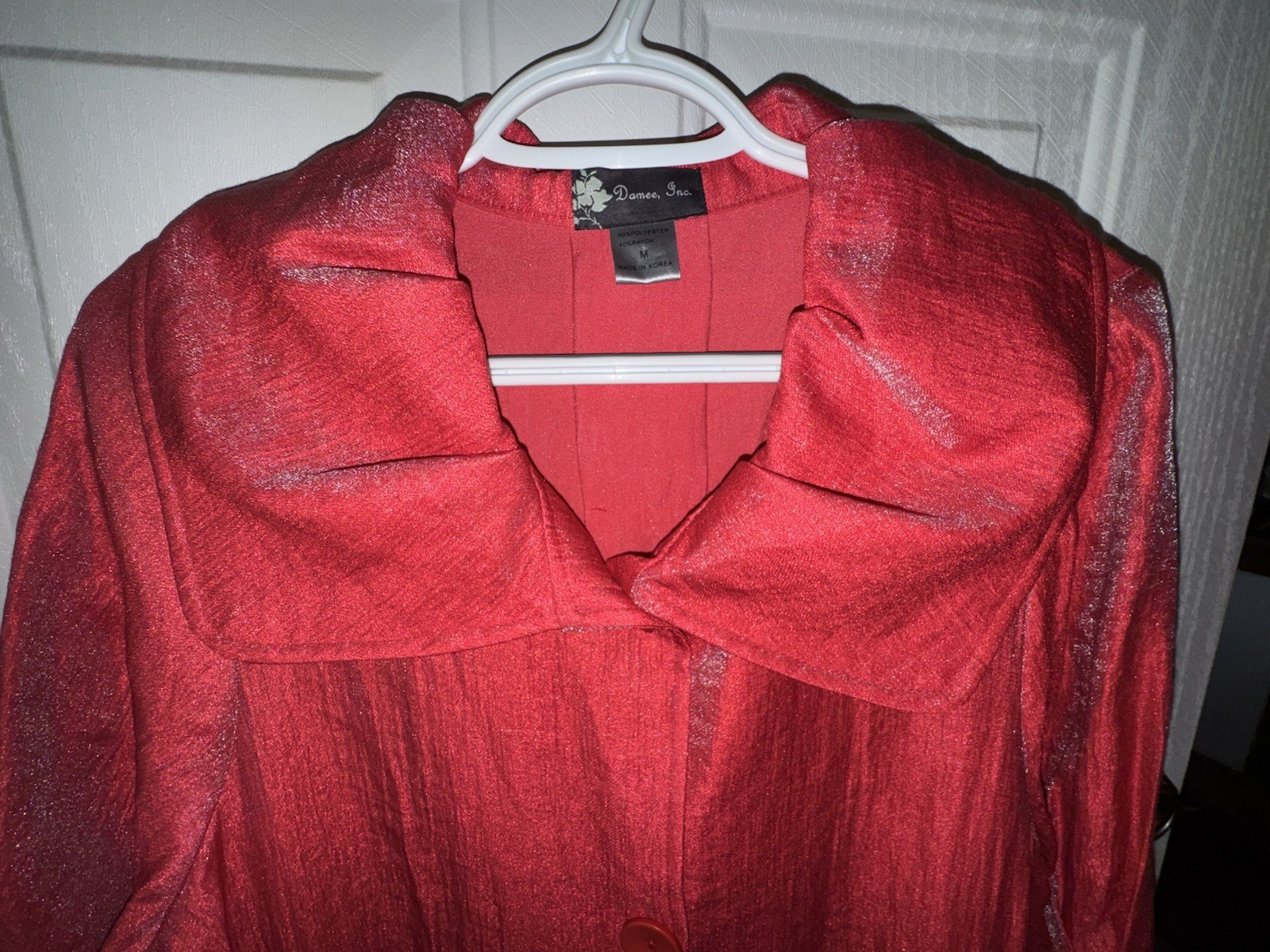 Swing Jacket Damee, Inc Shimmer Red  Collared 3/4 Sleeve Pocket Woman’s Sz M