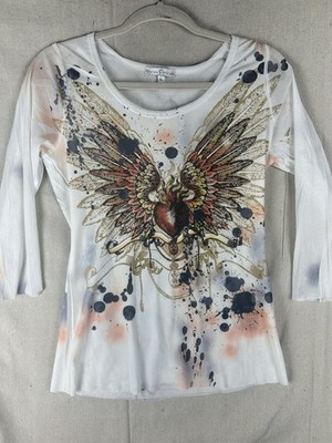 Moa Moa Shirt Womens Angel Wings Mesh Sheer 3/4 Sleeve Y2K Rocker Tattoo Grunge