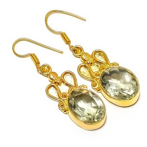 Authentic Green Amethyst - Brazil 18k Yellow Gold Plated Earring 1.95" E7624-53