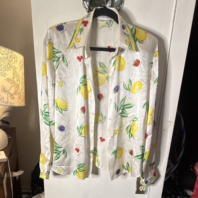Starington Fruit Print Silk Satin Button-Up Blouse White Women's Size 10