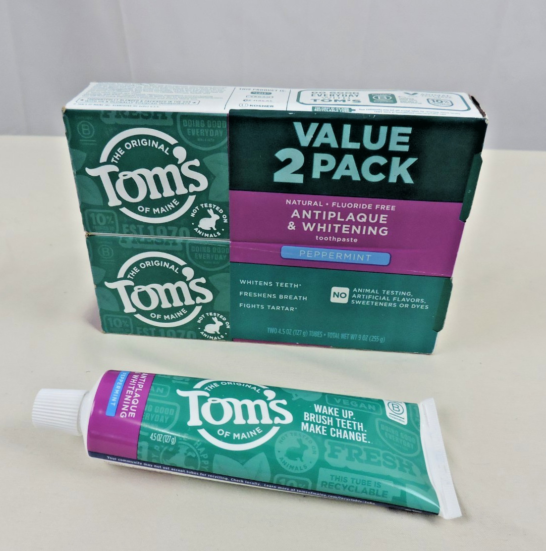 Lot of 3 Tom’s of Maine Antiplaque and Whitening Fluoride Free Toothpaste 4.5 Oz