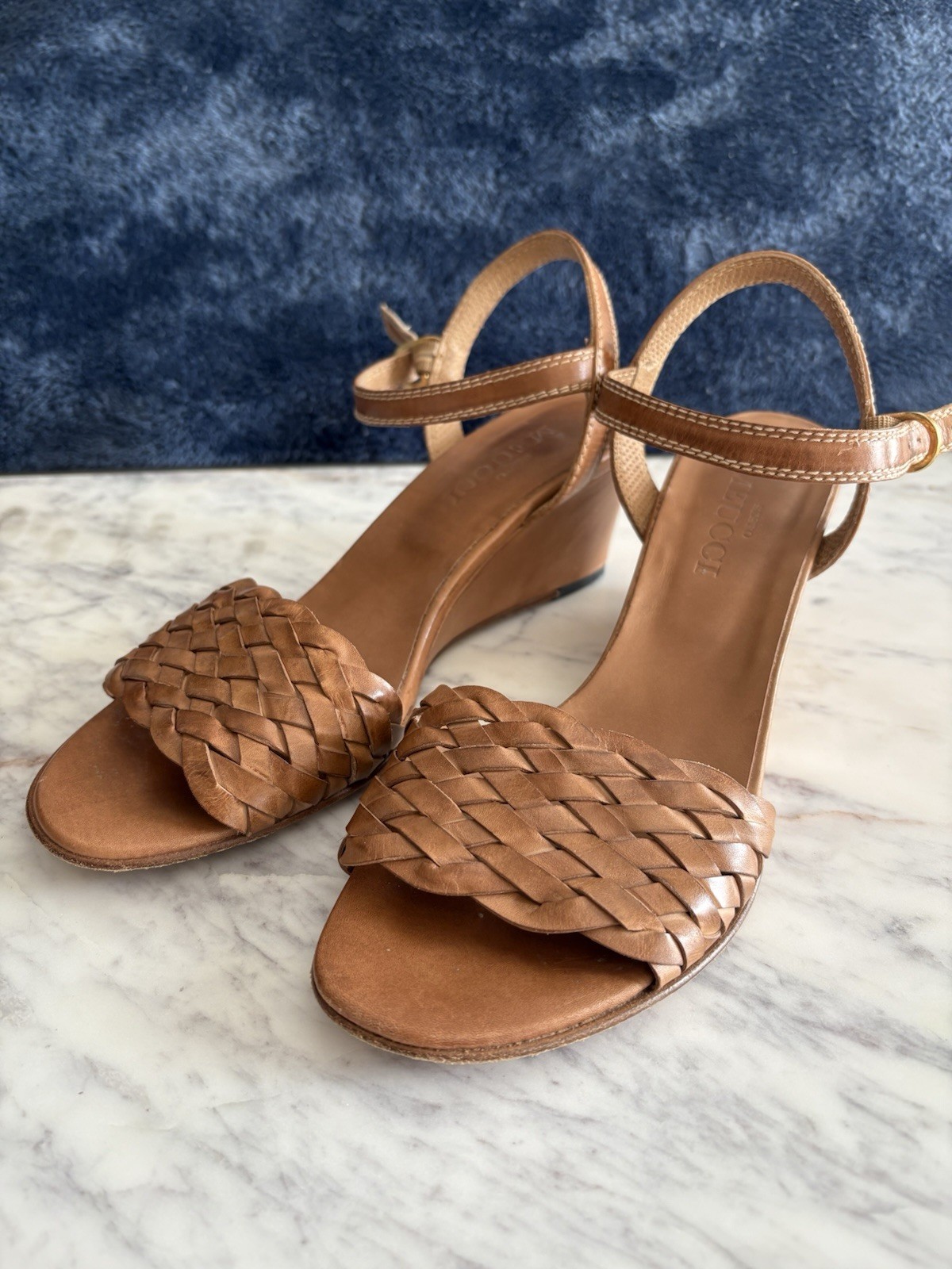 Sesto Meucci wedge heel sandals woven design size 7.5 Italian designer shoes